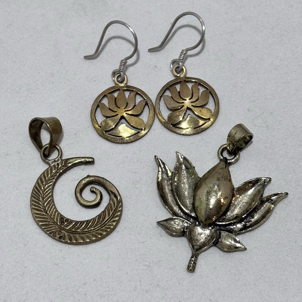 Brass / Metal Jewelry Lot Earrings, Lotus Flower Pendant, Swirl Leaf Pendant